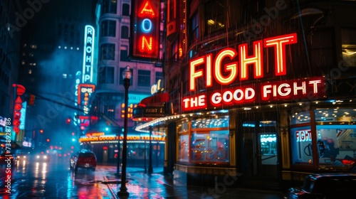 Motivational text  fight the good fight  on blurred background, success and inspiration concept