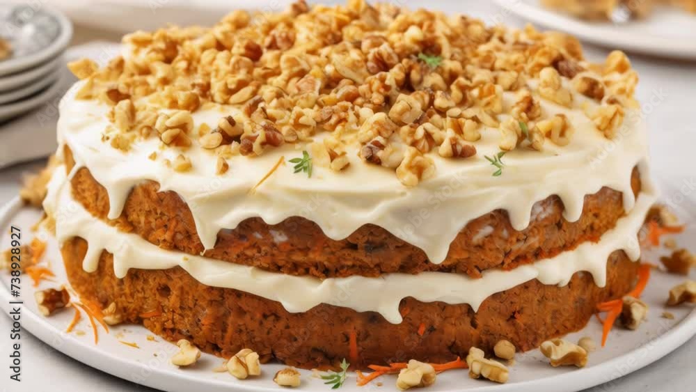 Delicious carrot cake with creamy white frosting and crunchy nuts Delicious carrot cake with creamy white frosting and crunchy nuts