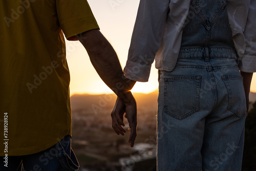 Couple shaking hands at sunset golden hour