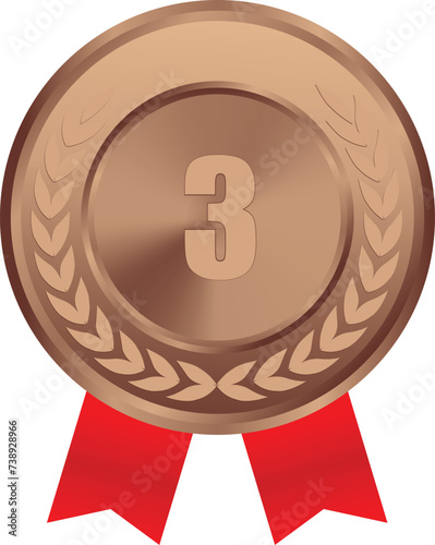 Realistic Bronze Medal Vector with red ribbon, 3rd Bronze Award, 3rd Prize, Bronze Challenge Award red ribbon, Medal Award winner, First place trophy, Bronze Coin winner