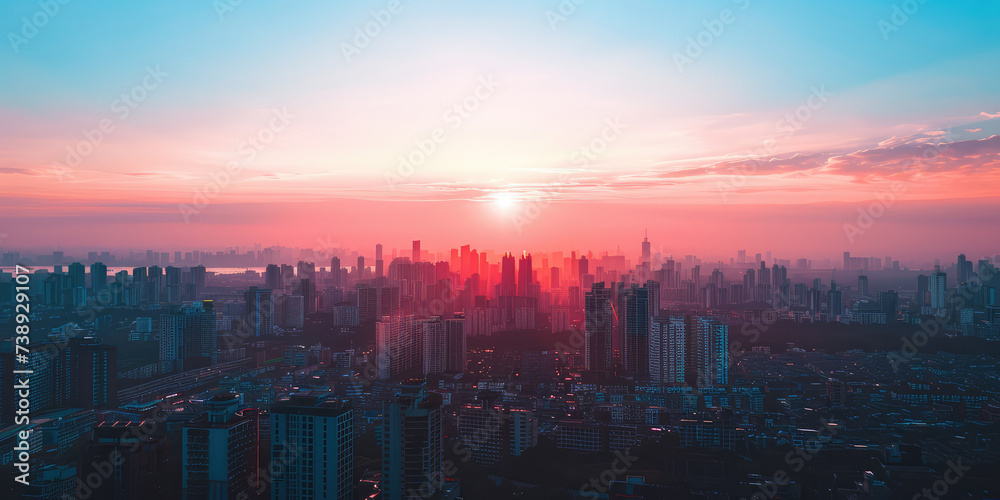 Fototapeta premium Pink Sunset Skyline Panorama. Panoramic urban city skyline at sunset with many buildings, densely populated metropolitan city, drone view.