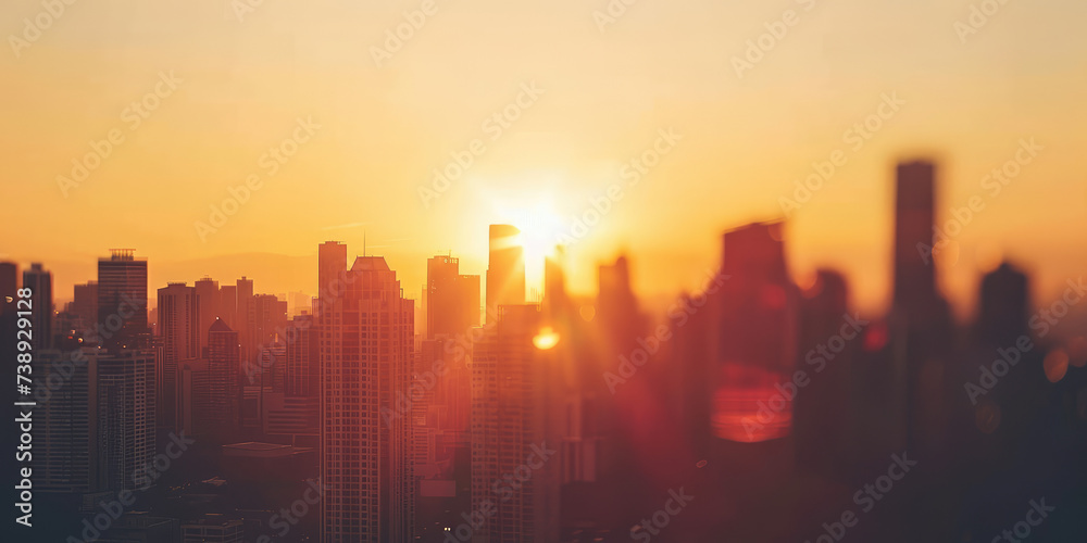 Sunset Skyline Panorama. Panoramic urban city skyline at sunset with many buildings, densely populated metropolitan city, drone view.