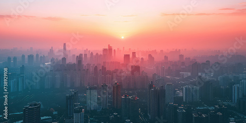 Pink Sunset Skyline Panorama. Panoramic urban city skyline at sunset with many buildings, densely populated metropolitan city, drone view.