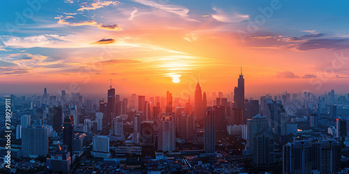 Orange Sunset Skyline Panorama. Panoramic urban city skyline at sunset with many buildings, densely populated metropolitan city, drone view.