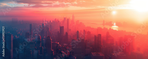 Pink Sunset Skyline Panorama. Panoramic urban city skyline at sunset with many buildings  densely populated metropolitan city  drone view.