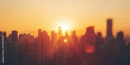 Sunset Skyline Panorama. Panoramic urban city skyline at sunset with many buildings, densely populated metropolitan city, drone view.