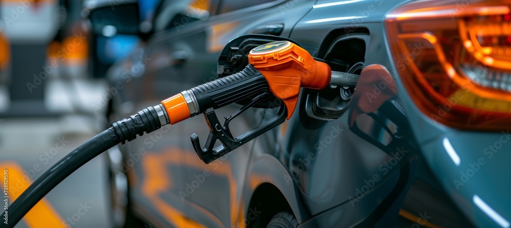 Close up of fuel nozzle in car tank, refueling with diesel or petrol, copy space available Close up of fuel nozzle in car tank, refueling with diesel or petrol, copy space available