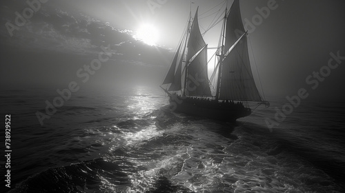 Sailing ship at sea at dusk black and white