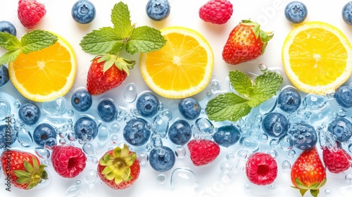 Colorful assortment of fruits and berries with splashing water on a pristine white background