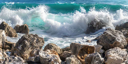 Waves Crashing on Rocky Shore. Dynamic waves crash against the rugged rocks of a coastal shoreline.