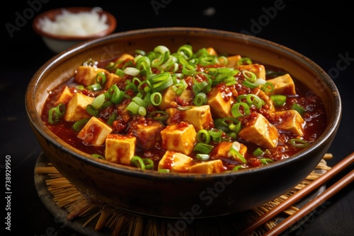 Ma Po Tofu in a ceramic bowl photo