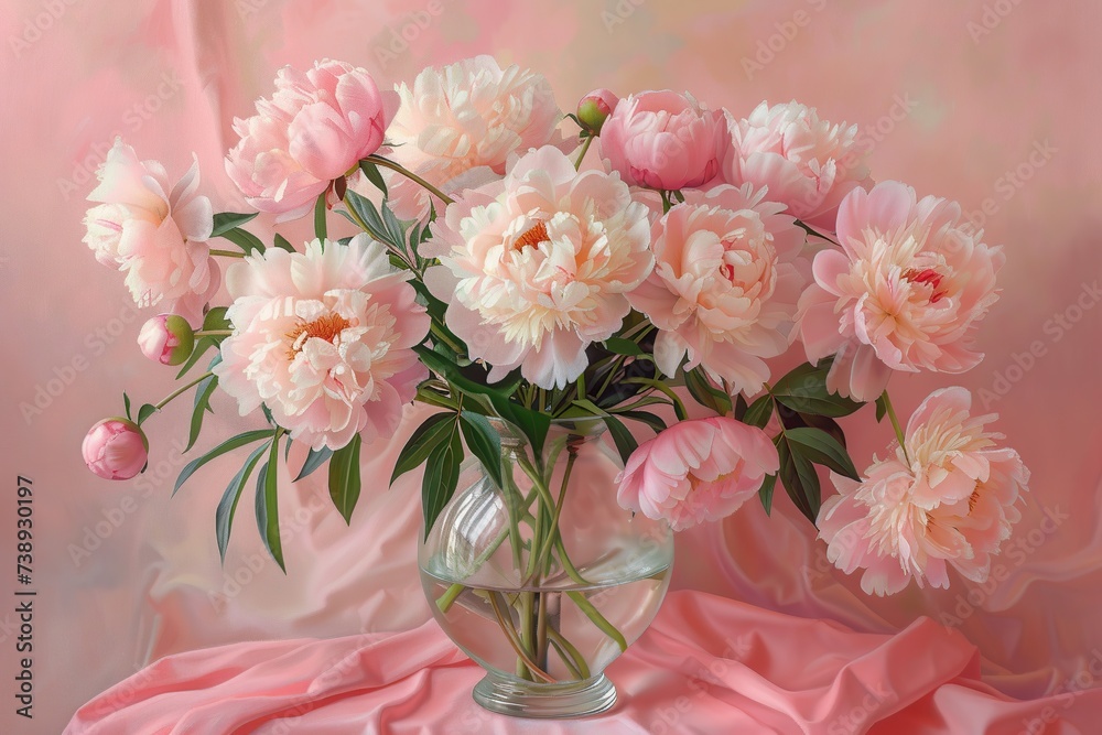 Fresh bouquet of peony flowers in vase on pink background