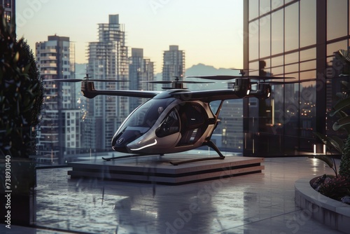 Futuristic drone taxi on rooftop helipad in urban environment. photo