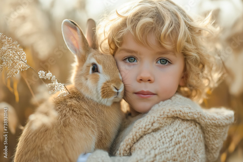 cute little boy holds and hugs fluffy rabbit in arms outdoor. domestic animals. Easter bunny © zamuruev