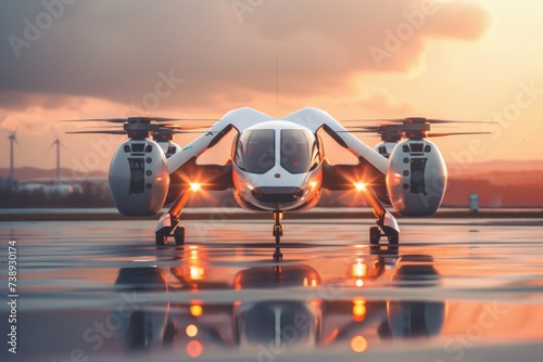 Autonomous electric flying car with headlights on at sunset. photo