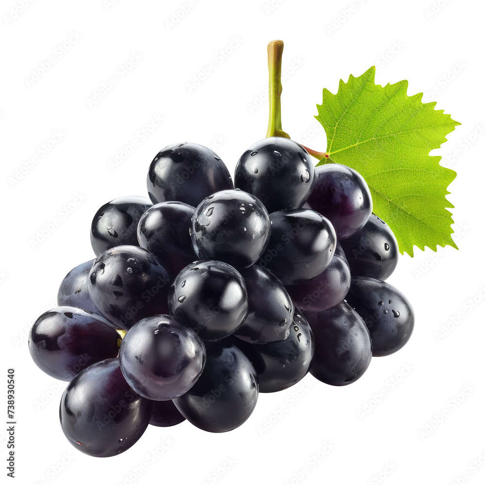 Fototapeta premium Blue grapes bunch isolated on white background. Generative AI.