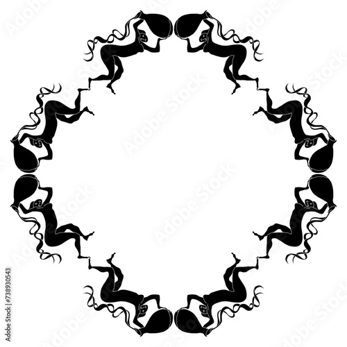 Geometrical  border with naked girls carrying jugs of water. Danaïdes. Aquarius Zodiac sign. Women pouring liquid from vessels. Hand draw original style illustration. Black and white silhouette.