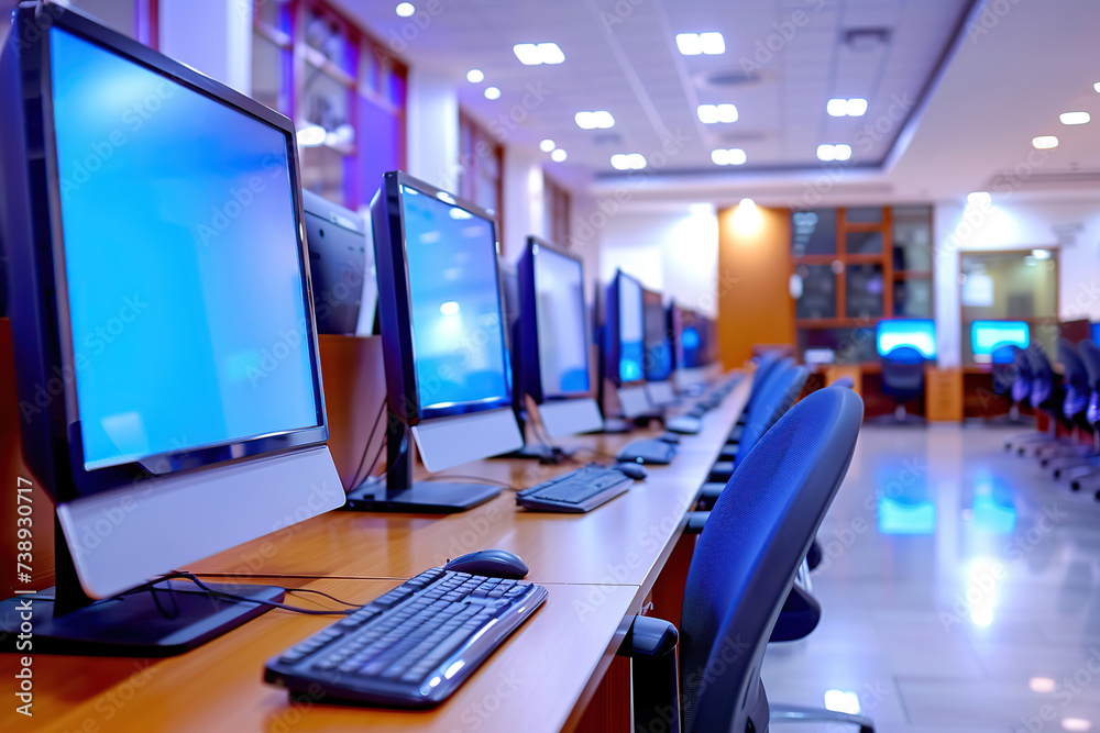Corporate office with modern computers in a row Corporate office with modern computers in a row