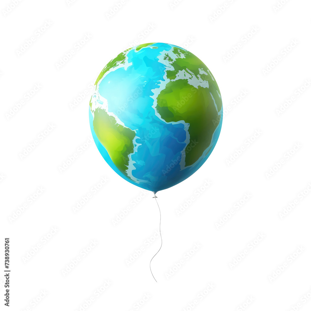 Earth helium balloon. Birthday balloon flying for party and celebrations. Isolated on white background. Generative AI. Earth helium balloon. Birthday balloon flying for party and celebrations. Isolated on white background. Generative AI.