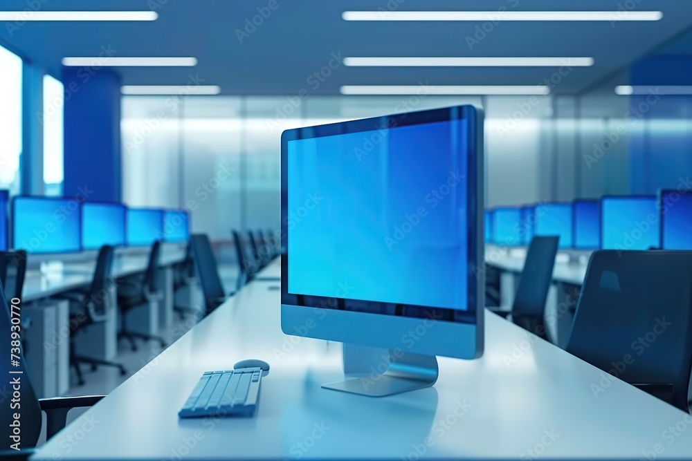 Corporate office with modern computers in a row Corporate office with modern computers in a row