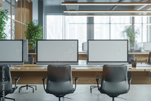 Corporate office with modern computers in a row