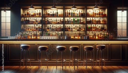 A classic bar scene with shelves filled with a wide variety of liquor bottles in the background photo