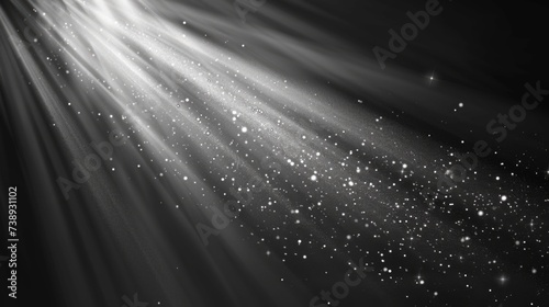 White light rays with glitter on grey background.