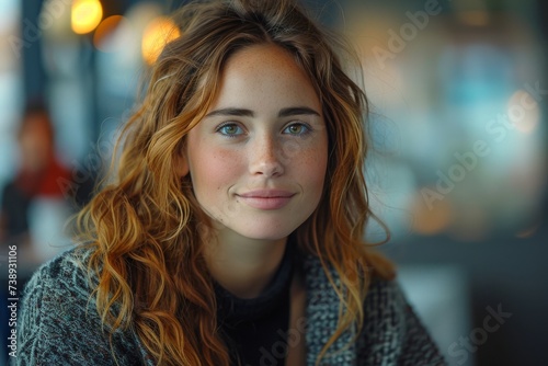 A portrait of a radiant woman with fiery red hair and piercing green eyes, her smile bright and her layered hair gently swaying in the outdoor breeze