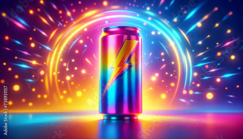A brightly colored energy drink can with a lightning bolt design