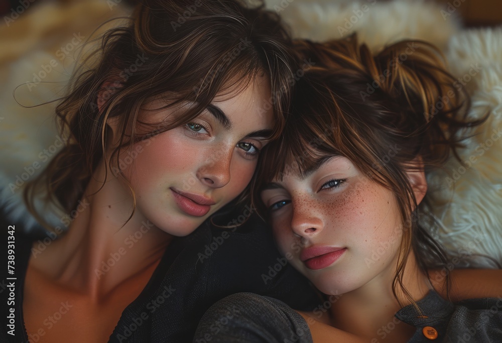 Two women with long, layered hair and bright smiles lay together indoors, their expressive eyebrows and glossy lips reflecting their strong bond as they pose in their stylish clothing