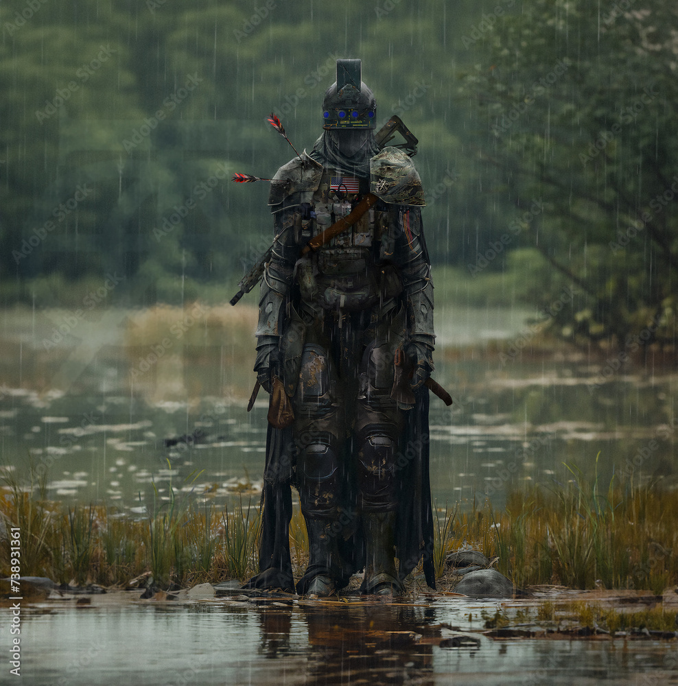 Mysterious Warrior in the Rain: Stoic Pose Amidst Nature's Fury
