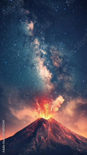 Celestial Volcano Eruption - A majestic volcano erupting with the milky way as backdrop, depicting the powerful connection between earth and space.