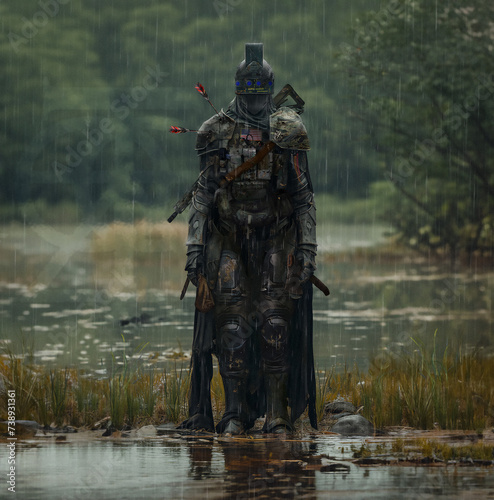 Mysterious Warrior in the Rain  Stoic Pose Amidst Nature s Fury