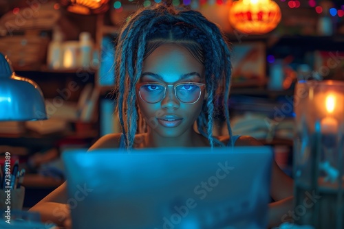 A thoughtful woman gazes at her laptop, her face illuminated by the soft light of a candle, lost in the digital world while surrounded by the comfort of her indoor sanctuary