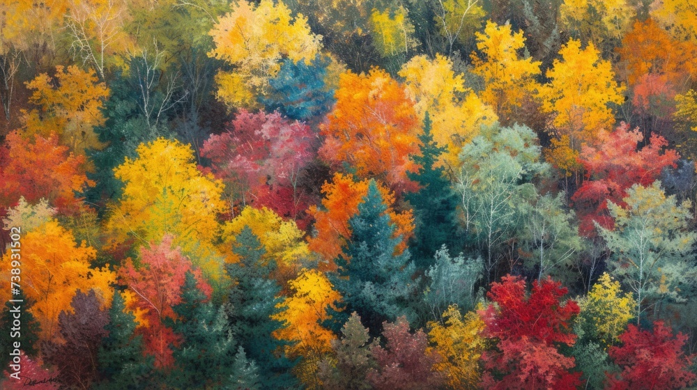 Aerial view of autumn forest with vibrant foliage.