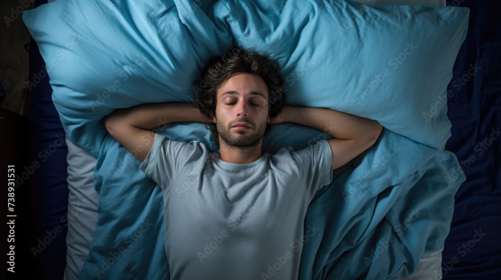 Top view of a young man sleeping lying in bed Top view of a young man sleeping lying in bed