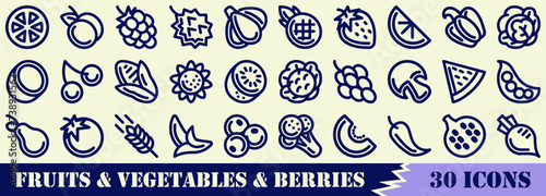 Set of 30 outline icons related to fruits, vegetables and berries. Vector linear icon collection. Editable stroke. 
