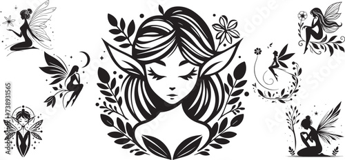 pixie vector set, Cute Fairy art. Beautiful Fairies silhouette collection, girls with wings, black and white vector graphics