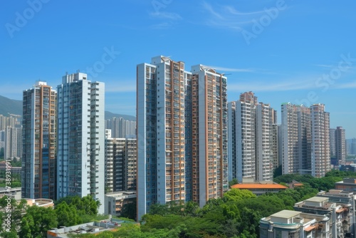 High-rise residential buildings in a green urban area.