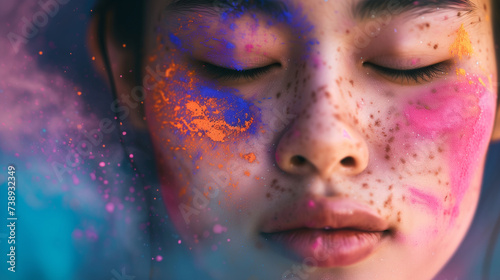 Vibrant Holi Colors Splashed on Young Woman's Face