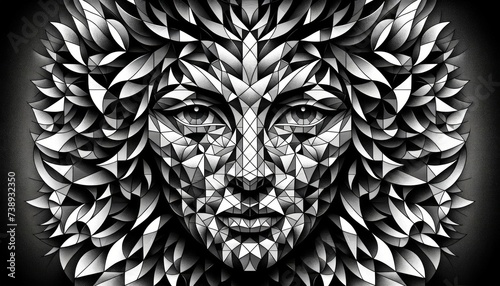 a geometric art piece in a 16_9 aspect ratio, fully covering the canvas, depicting Mother Nature's face. The artwork should utilize a multitude