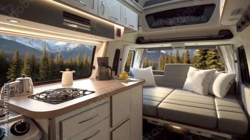 Comfortable motorhome interior design with cozy interior and scenic nature outlook. Concept of mobile living, adventure travel, road trips, and nature-connected lifestyles