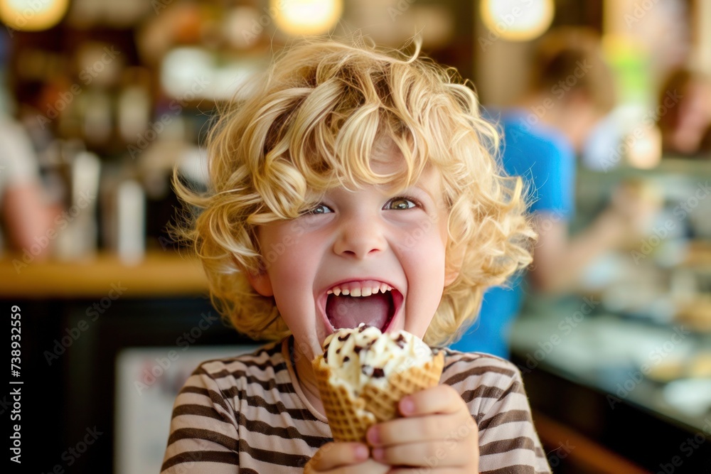 a young boy is eating an ice cream cone in a restaurant a young boy is eating an ice cream cone in a restaurant