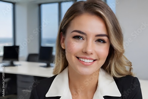 Beautiful young American woman at work smiling photo