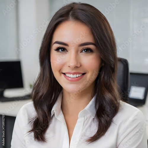 Beautiful young American woman at work smiling photo