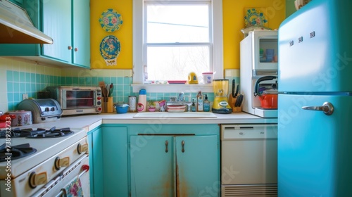 Colorful retro kitchen interior with vintage appliances and utensils.