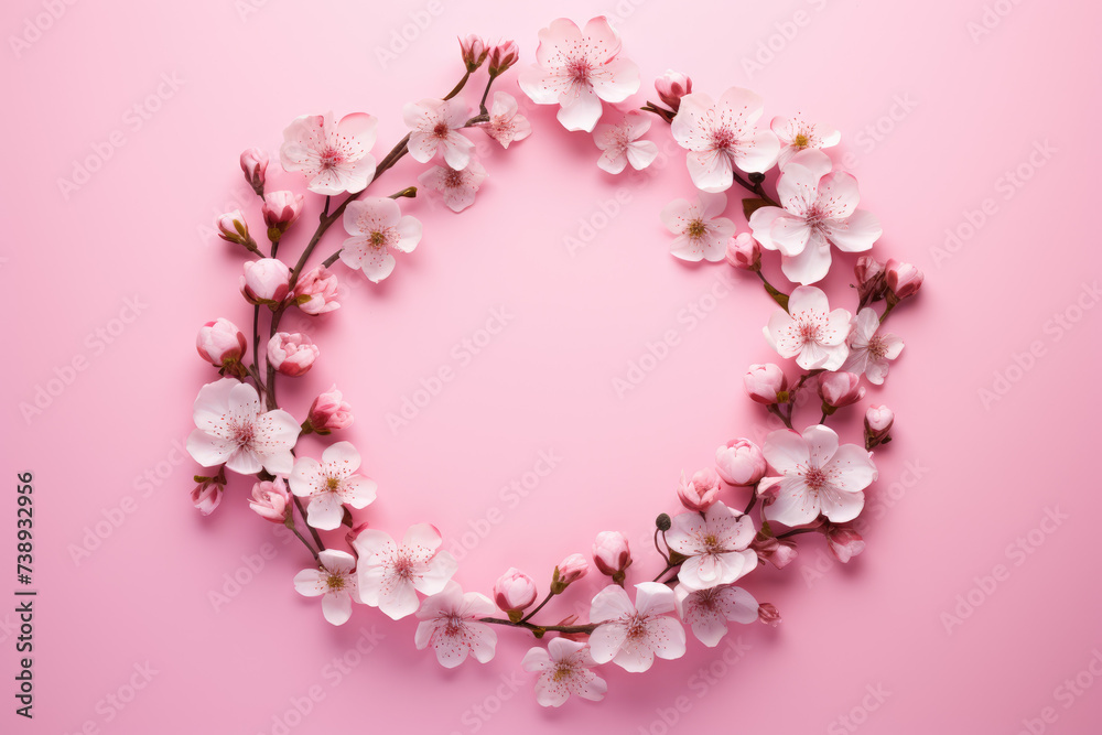 Obraz premium Flowers composition. Wreath pink flowers on pink background. Spring, summer, easter concept. Flat lay, top view, copy space. Flower background. Generative AI