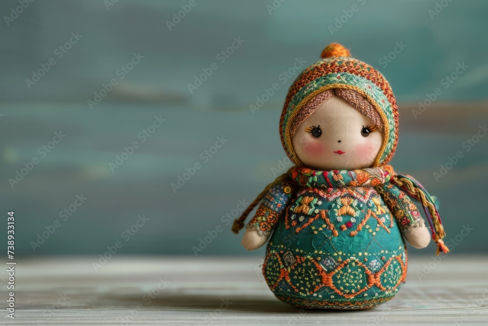 Russian handmade textile doll on gray background. Maslenitsa, Shrovetide, Pancake Day celebration. Slavic national festival. Element for design, banner