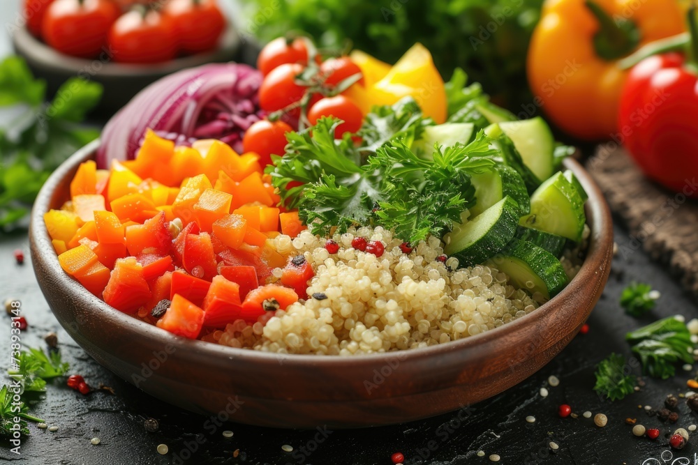 Quinoa salad with diced vegetables and parsley.