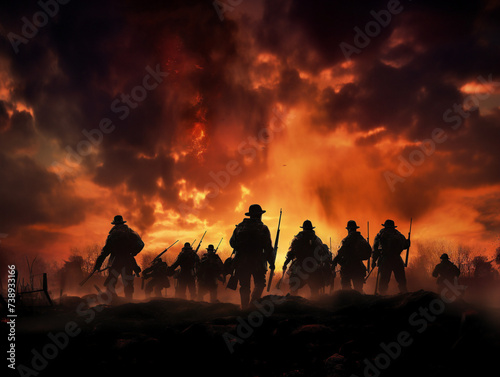 Silhouette soldiers stand tall amidst a fiery sky, braving the chaos and upholding their duty. © Szalai